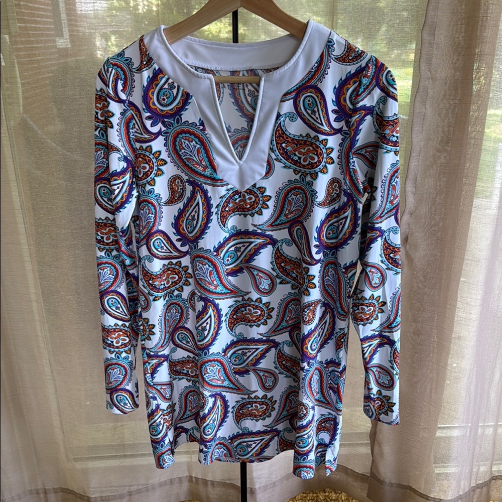 Lands’ End Swim Coverup Paisley on White Size XS Colorful Printed Pattern Colors